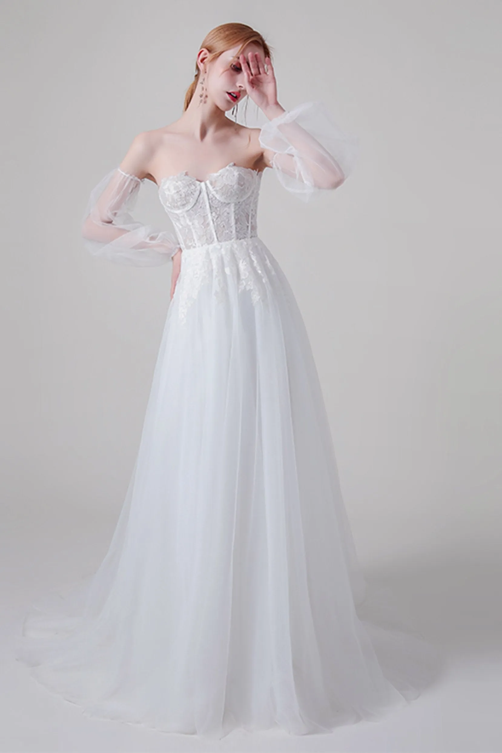 A-Line Sweep-Brush Train Lace Tulle Wedding Dress CW2743 sold by Cocomelody