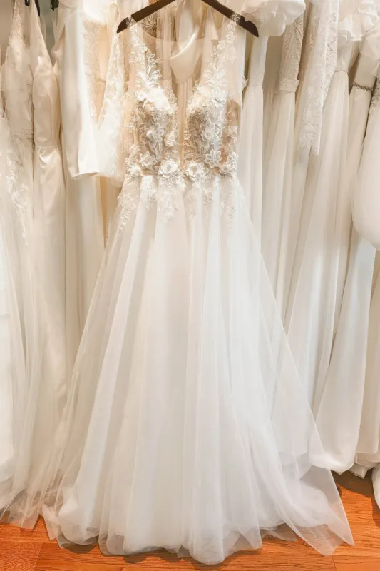 A-Line Sweep-Brush Train Lace Tulle Wedding Dress CW3115 sold by Cocomelody