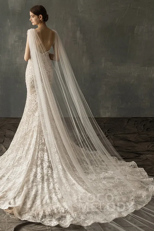 Elegant One-tier Cut Edge Tulle Chapel Veils Beading CV0200 sold by Cocomelody
