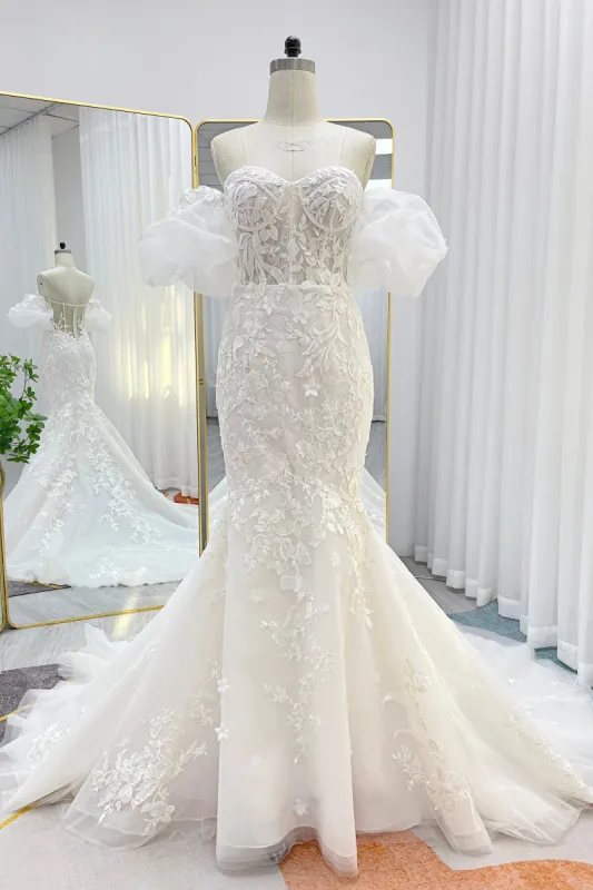 Trumpet-Mermaid Chapel Train Lace Tulle Wedding Dress CW3274 sold by Cocomelody