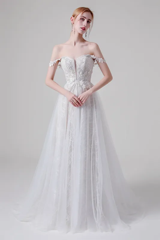 A-Line Sweep-Brush Train Lace Tulle Wedding Dress CW2741 sold by Cocomelody
