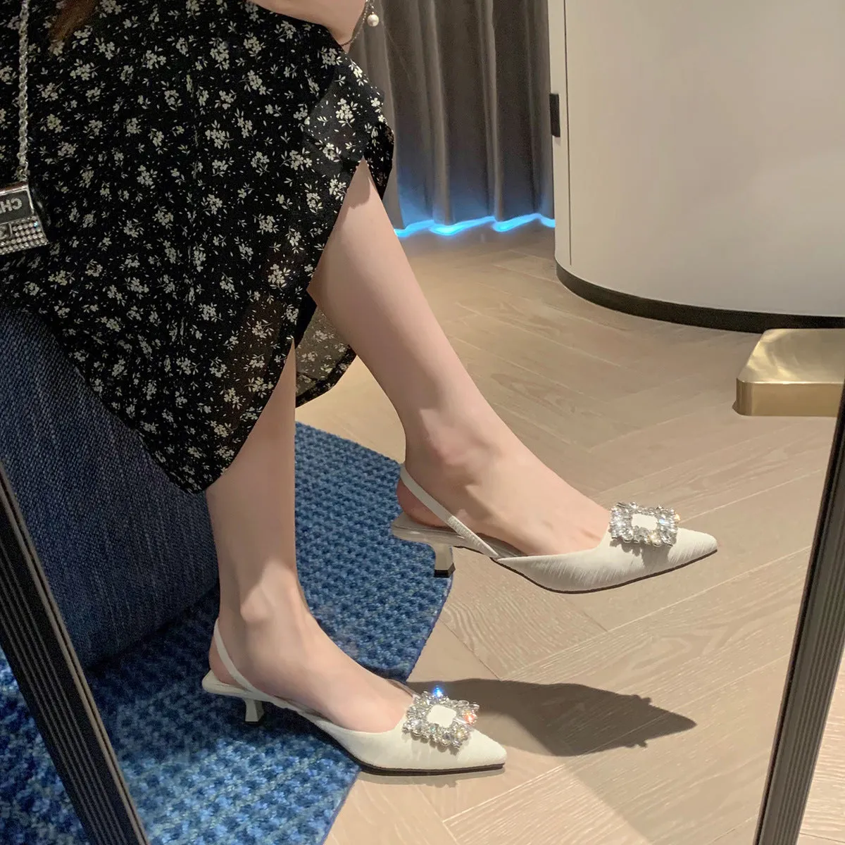 Black Rhinestone Ankle Strap Pointy Mid Heel Sandals 670997112279 sold by Cocomelody product image thumbnail 5