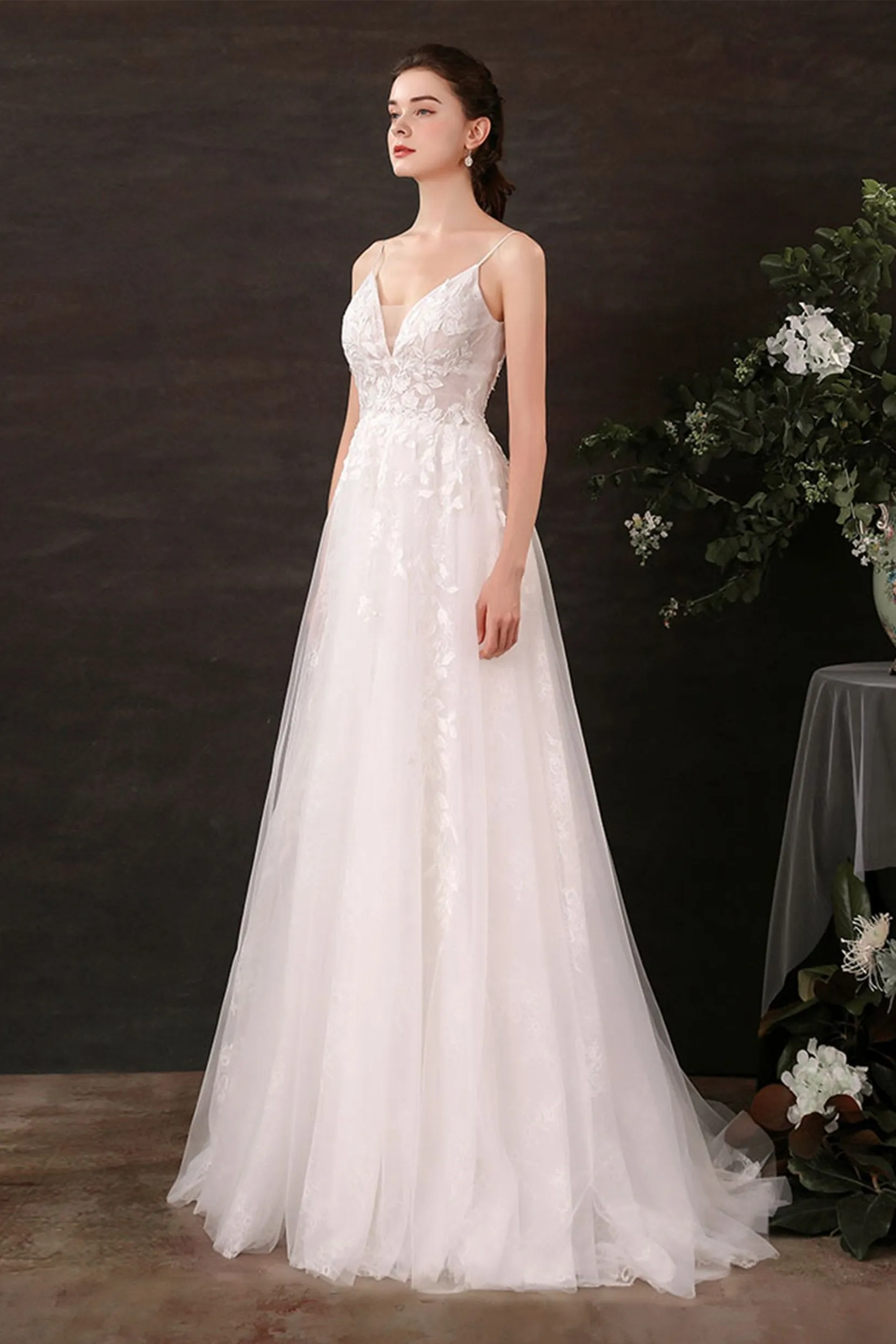 A-Line Sweep-Brush Train Lace Tulle Wedding Dress CW2685 sold by Cocomelody product image thumbnail 3