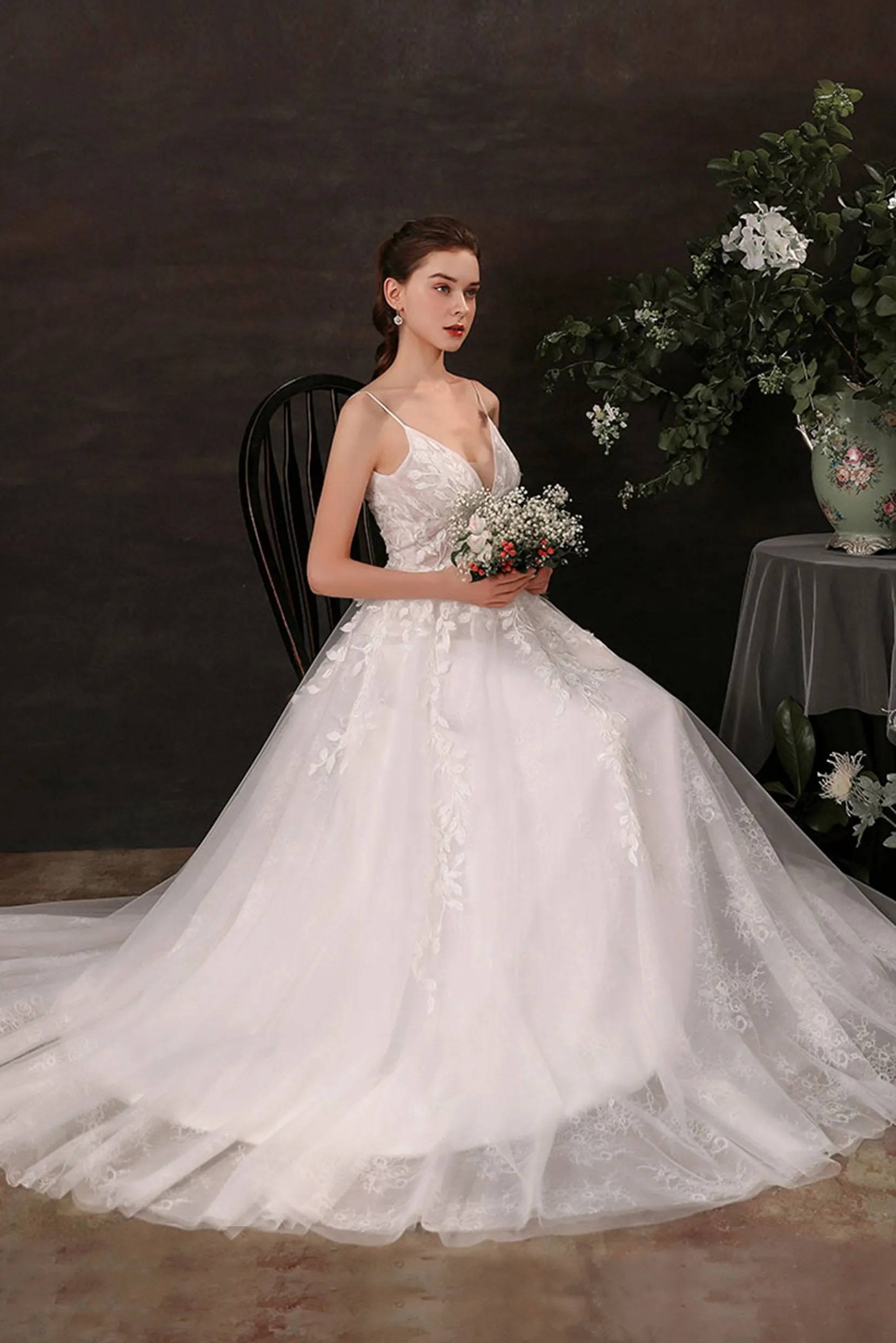A-Line Sweep-Brush Train Lace Tulle Wedding Dress CW2685 sold by Cocomelody product image thumbnail 4