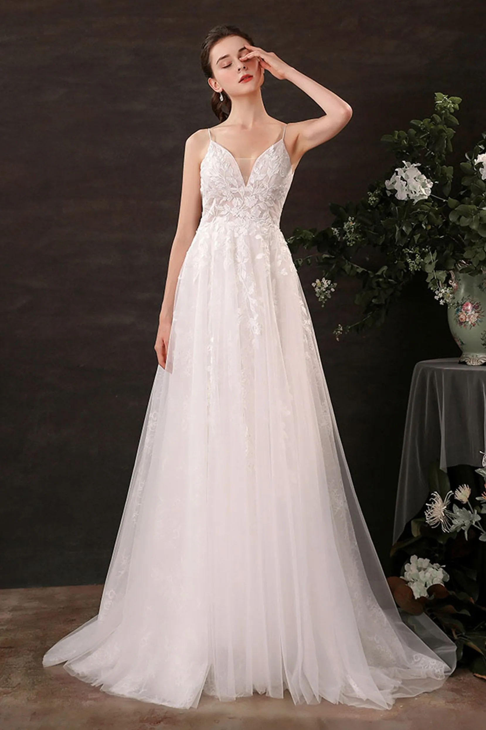 A-Line Sweep-Brush Train Lace Tulle Wedding Dress CW2685 sold by Cocomelody