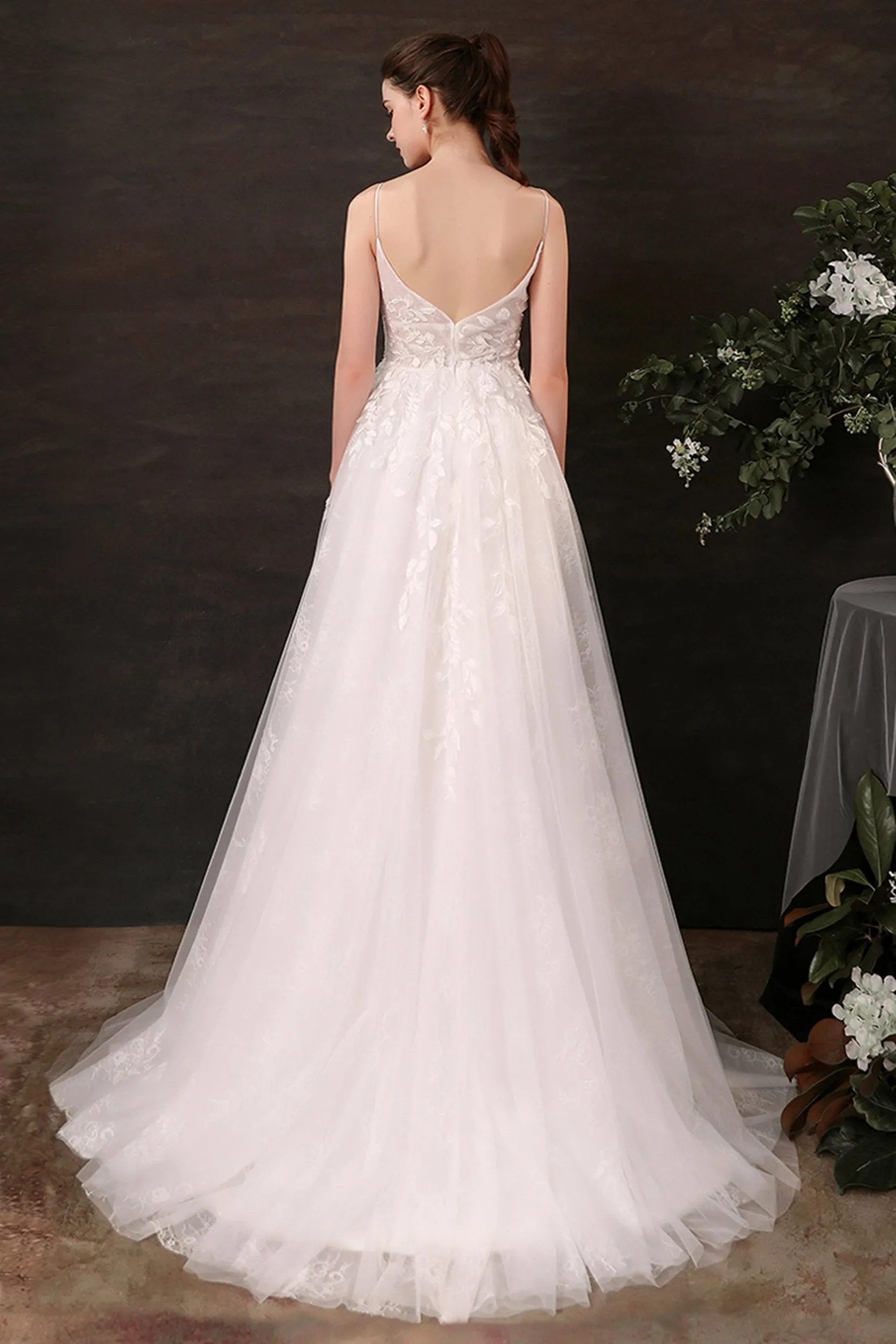 A-Line Sweep-Brush Train Lace Tulle Wedding Dress CW2685 sold by Cocomelody product image thumbnail 2