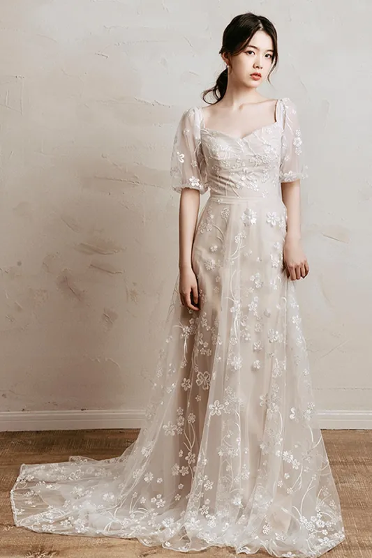 A-Line Sweep-Brush Train Lace Tulle Wedding Dress CW3034 sold by Cocomelody
