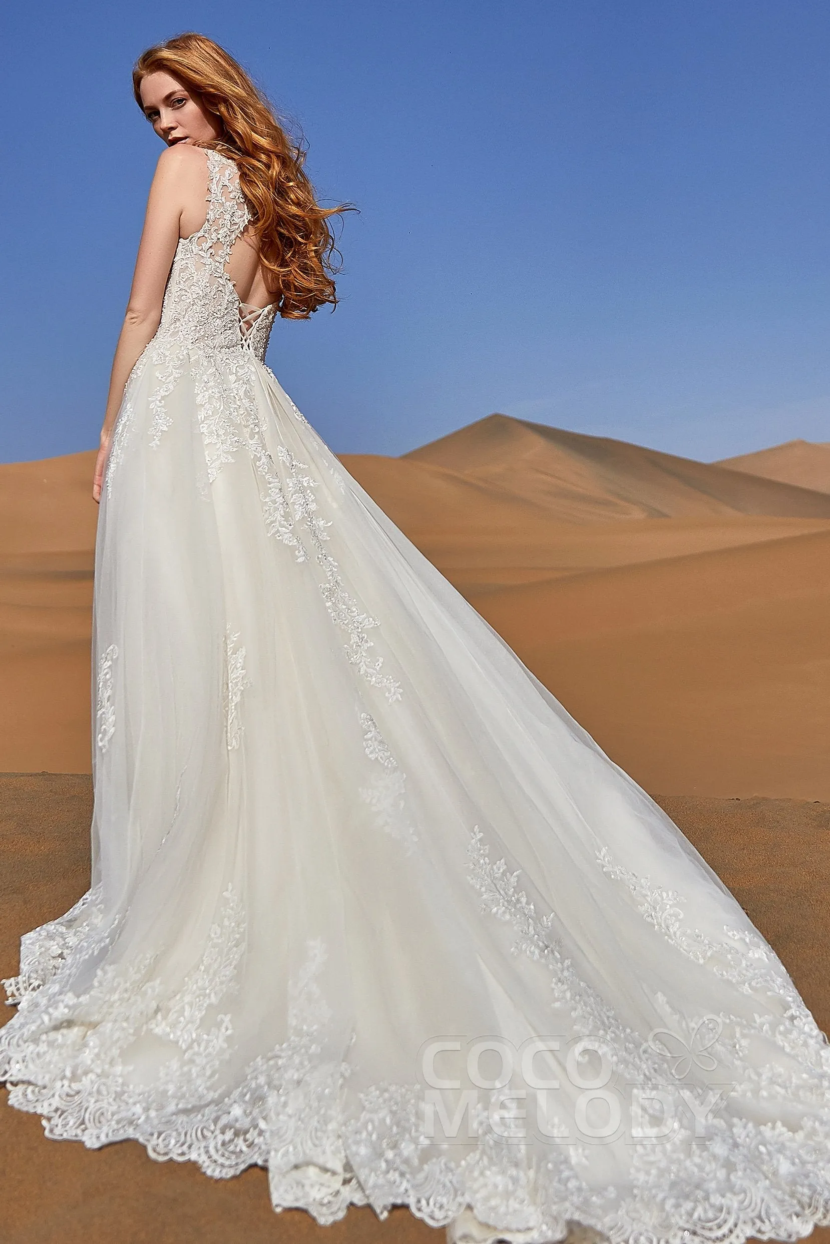 A-Line Court Train Tulle and Lace Wedding Dress LD5813 sold by Cocomelody product image thumbnail 2