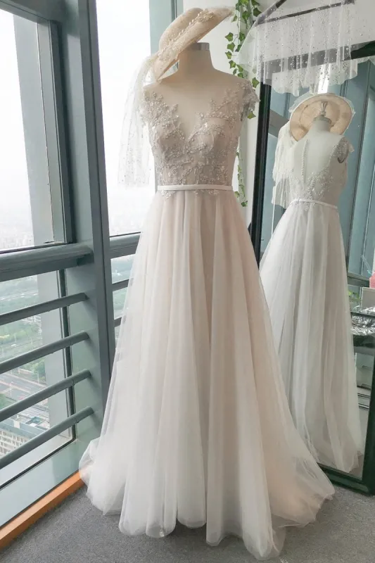 A-Line Sweep-Brush Train Lace Tulle Wedding Dress CW2739 sold by Cocomelody