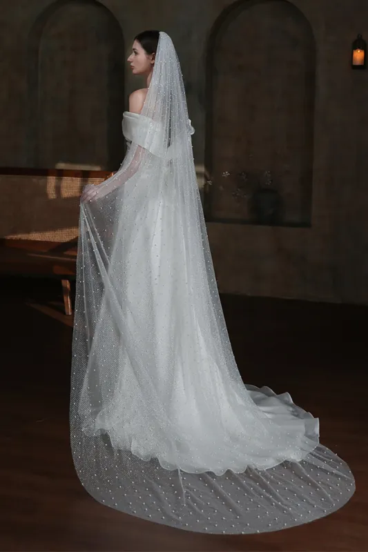One-tier Cut Edge Tulle Chapel Veils with Pearls CV0320 sold by Cocomelody