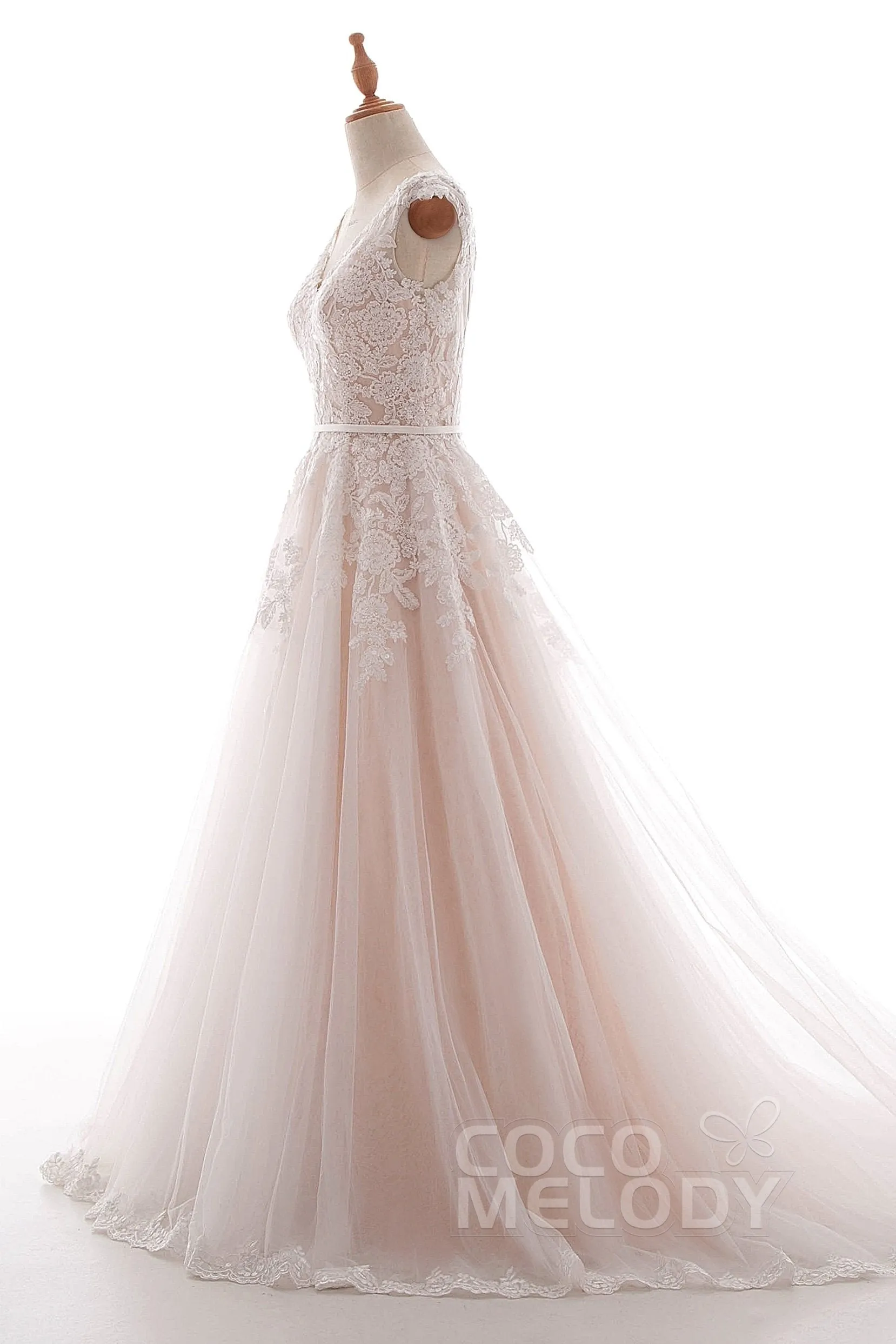 A-Line Court Train Lace and Tulle Wedding Dress LD4395 sold by Cocomelody product image thumbnail 3
