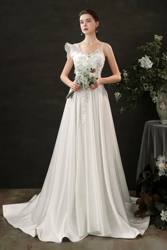 A-Line Court Train Satin Wedding Dress CW2683 sold by Cocomelody