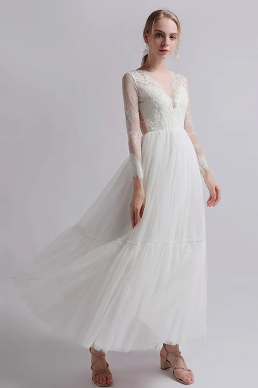 A-Line Ankle Length Lace Tulle Wedding Dress CW2734 sold by Cocomelody