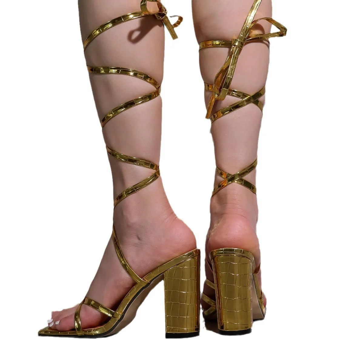 Sexy party dress shoes with metal square toe chunky heel strappy sandals 739079605030 sold by Cocomelody product image thumbnail 5