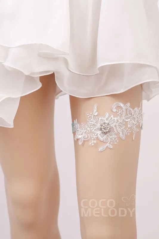 Lace Wedding Garter with Diamond and Pearls WD17013 sold by Cocomelody