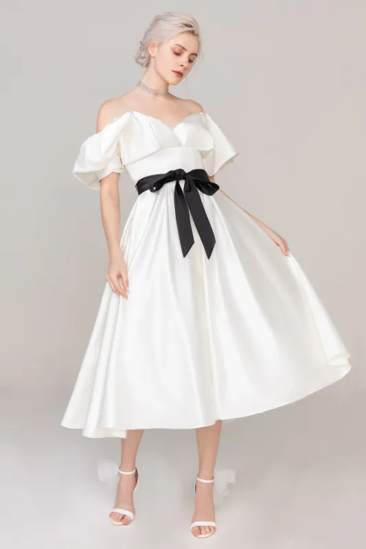 A-Line Tea Length Satin Wedding Dress CW2407 sold by Cocomelody