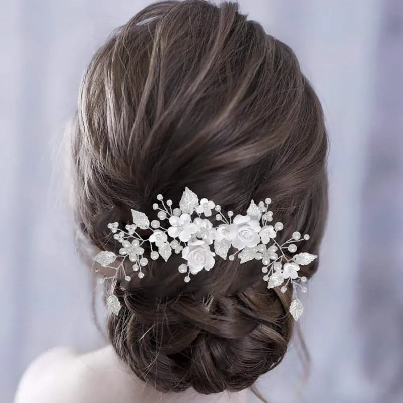White flowers silver leaf headband Bride wedding Headpieces 739265886585 sold by Cocomelody