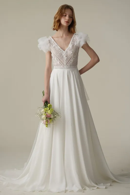 A-Line Sweep-Brush Train Lace Chiffon Wedding Dress CW3081 sold by Cocomelody