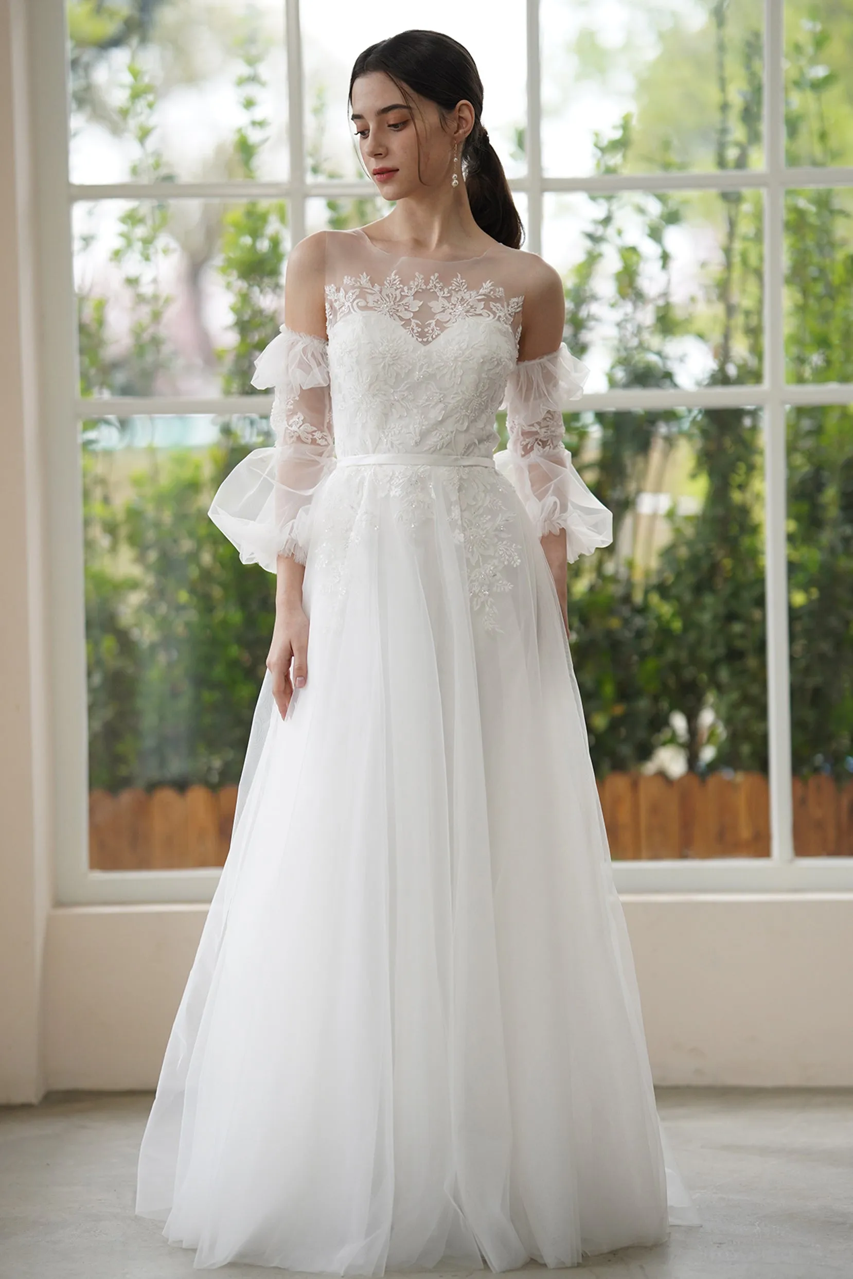 A-Line Sweep-Brush Train Lace Tulle Wedding Dress CW3309 sold by Cocomelody product image thumbnail 3
