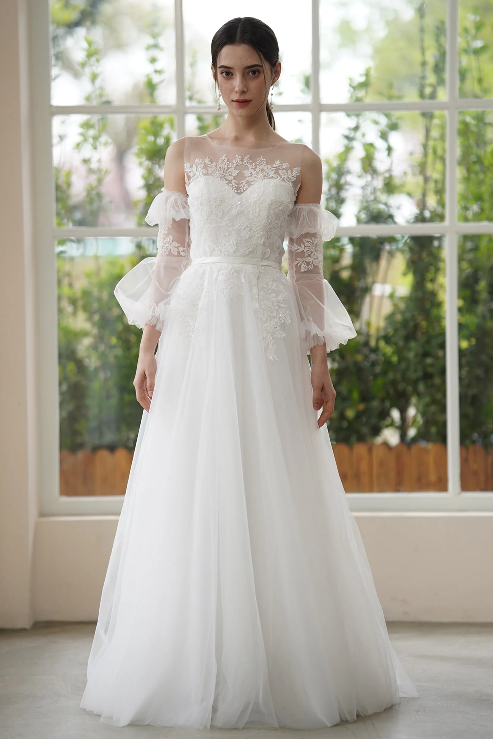 A-Line Sweep-Brush Train Lace Tulle Wedding Dress CW3309 sold by Cocomelody