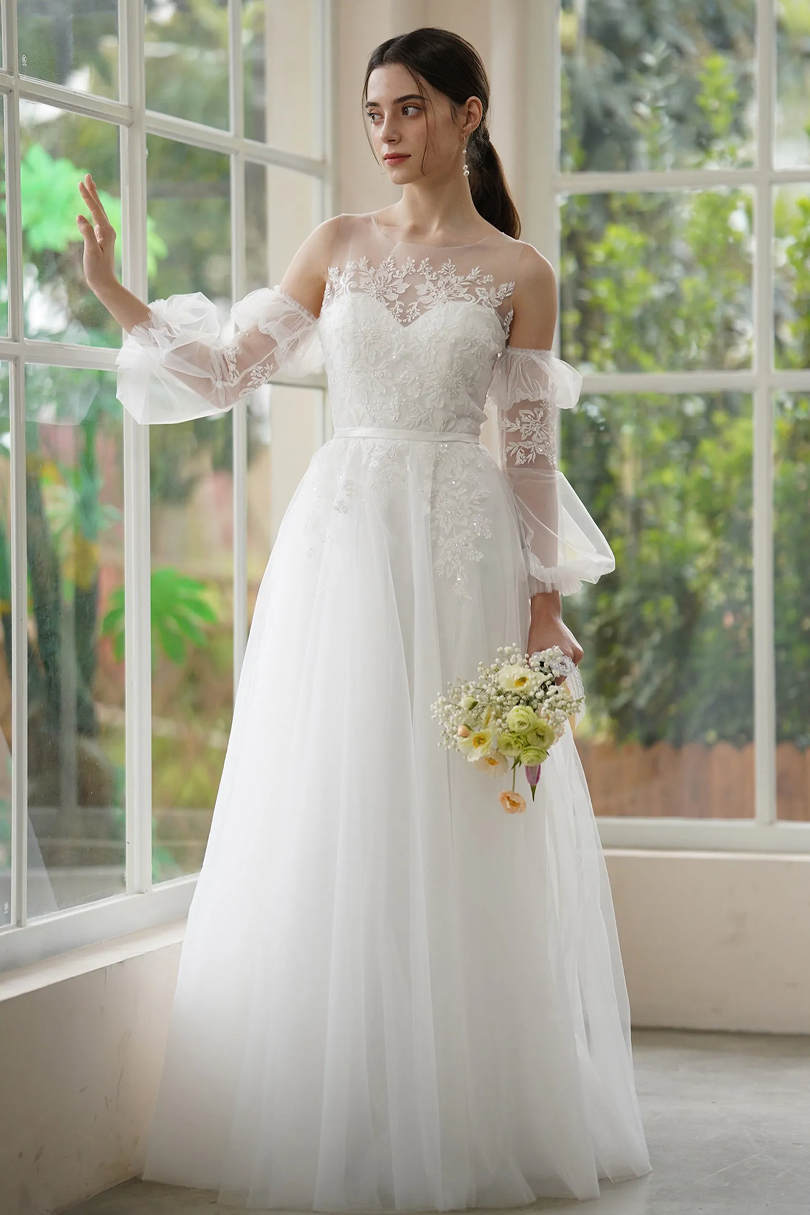 A-Line Sweep-Brush Train Lace Tulle Wedding Dress CW3309 sold by Cocomelody product image thumbnail 4