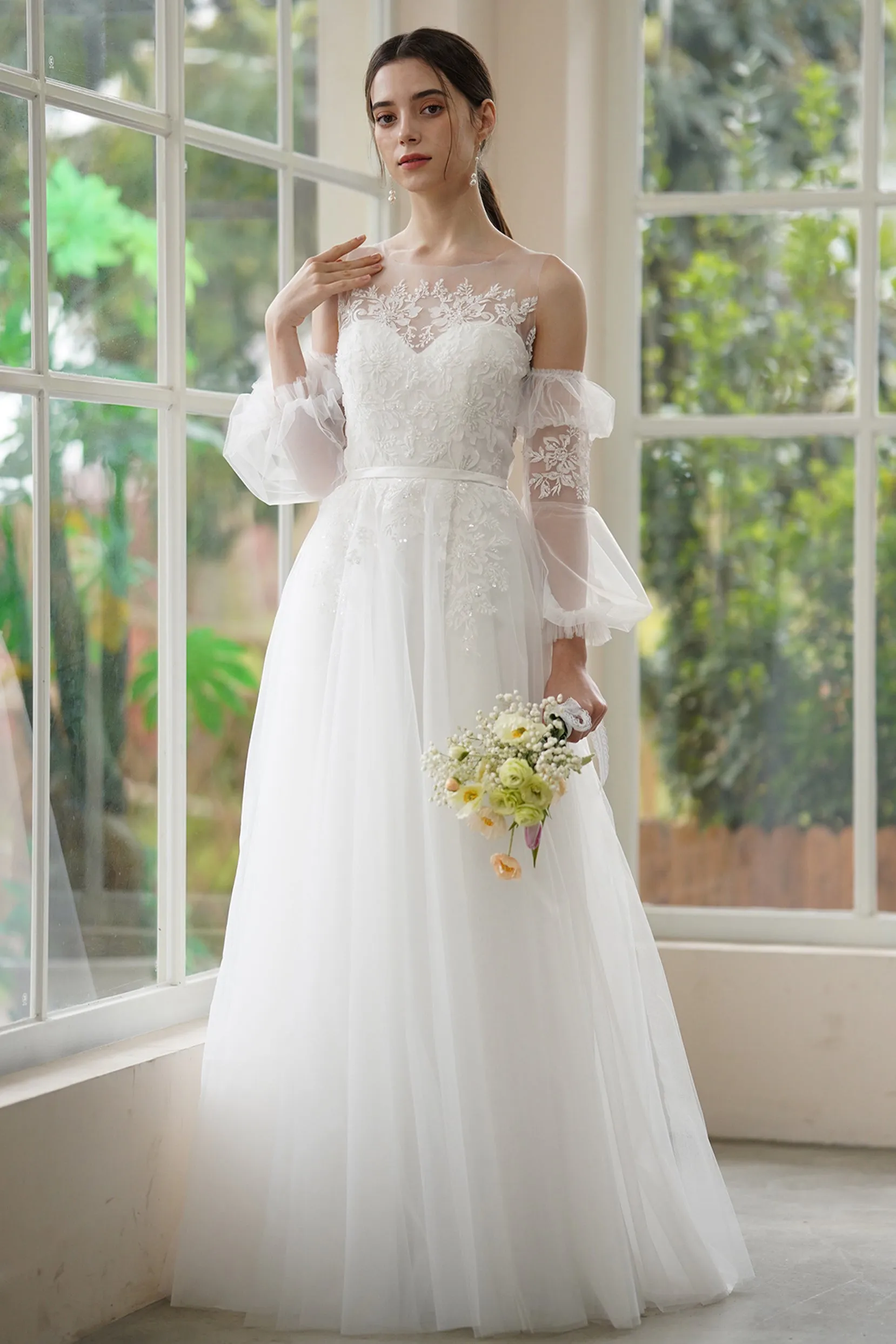 A-Line Sweep-Brush Train Lace Tulle Wedding Dress CW3309 sold by Cocomelody product image thumbnail 5