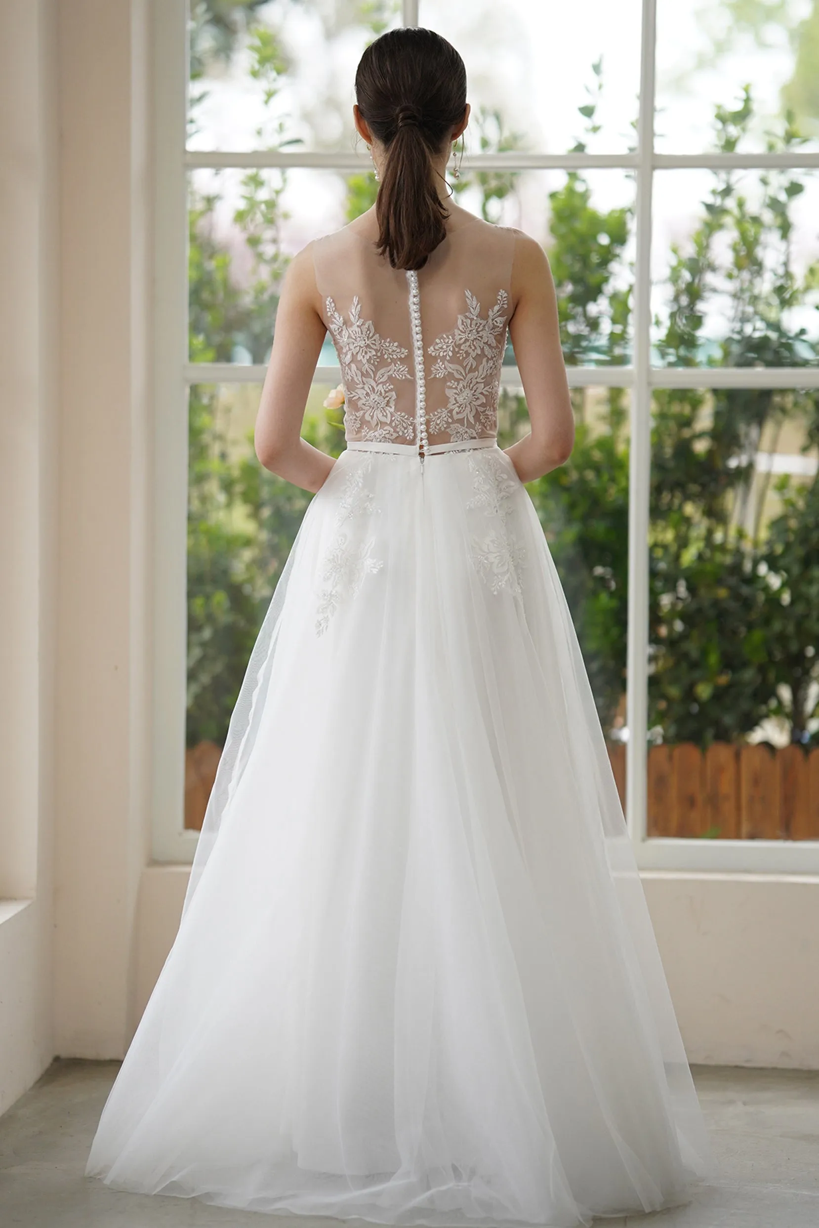 A-Line Sweep-Brush Train Lace Tulle Wedding Dress CW3309 sold by Cocomelody product image thumbnail 2