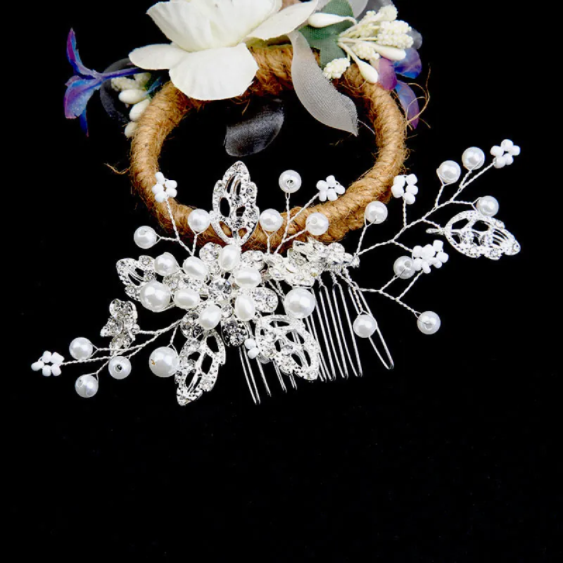 Bridal headdress pearl handmade leaf comb 749571815454 sold by Cocomelody