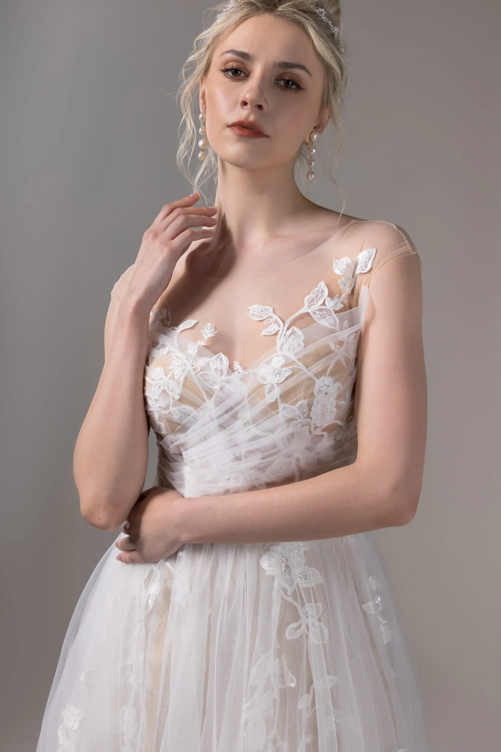 A-Line Sweep-Brush Train Lace Tulle Wedding Dress CW2653 sold by Cocomelody product image thumbnail 5