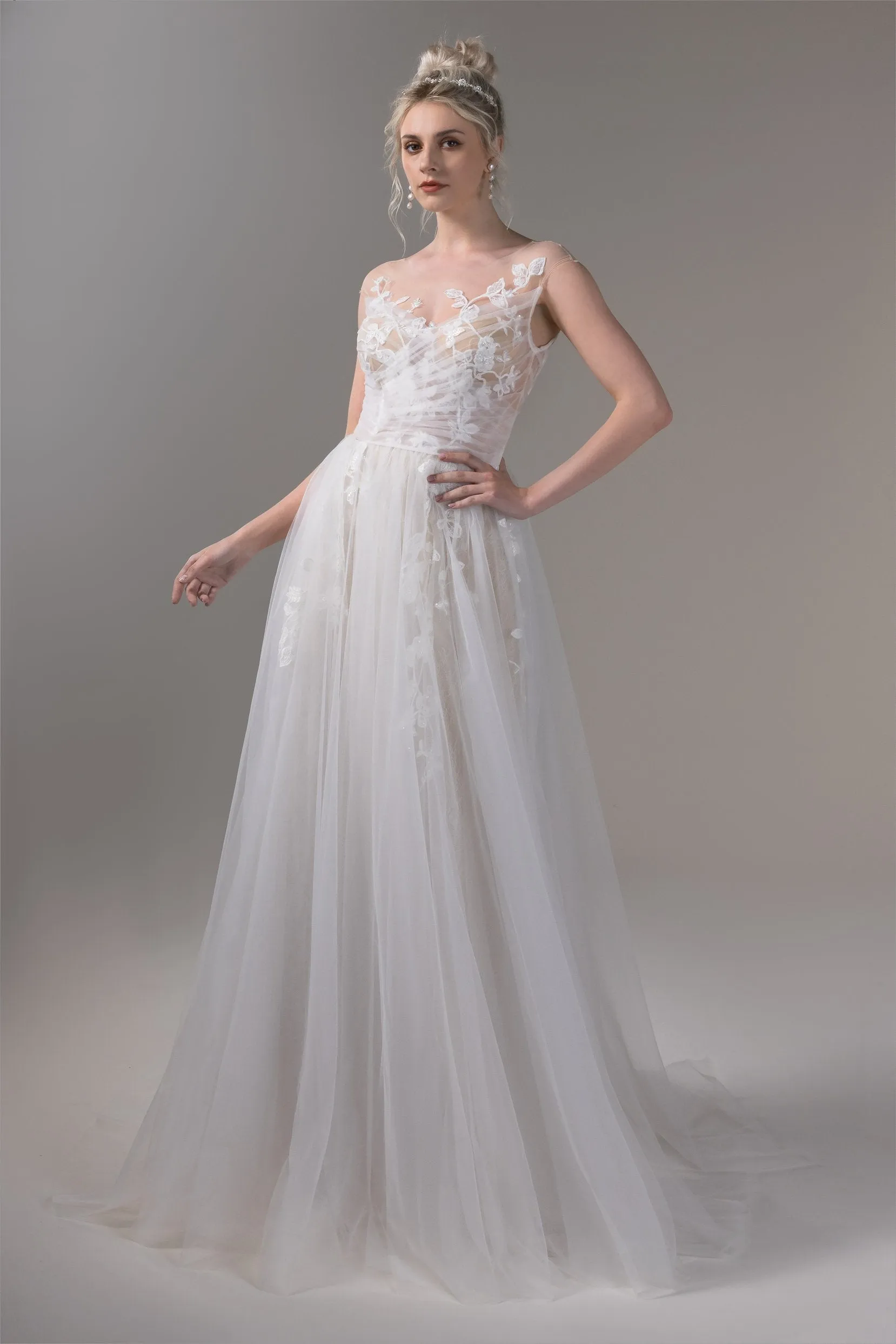 A-Line Sweep-Brush Train Lace Tulle Wedding Dress CW2653 sold by Cocomelody