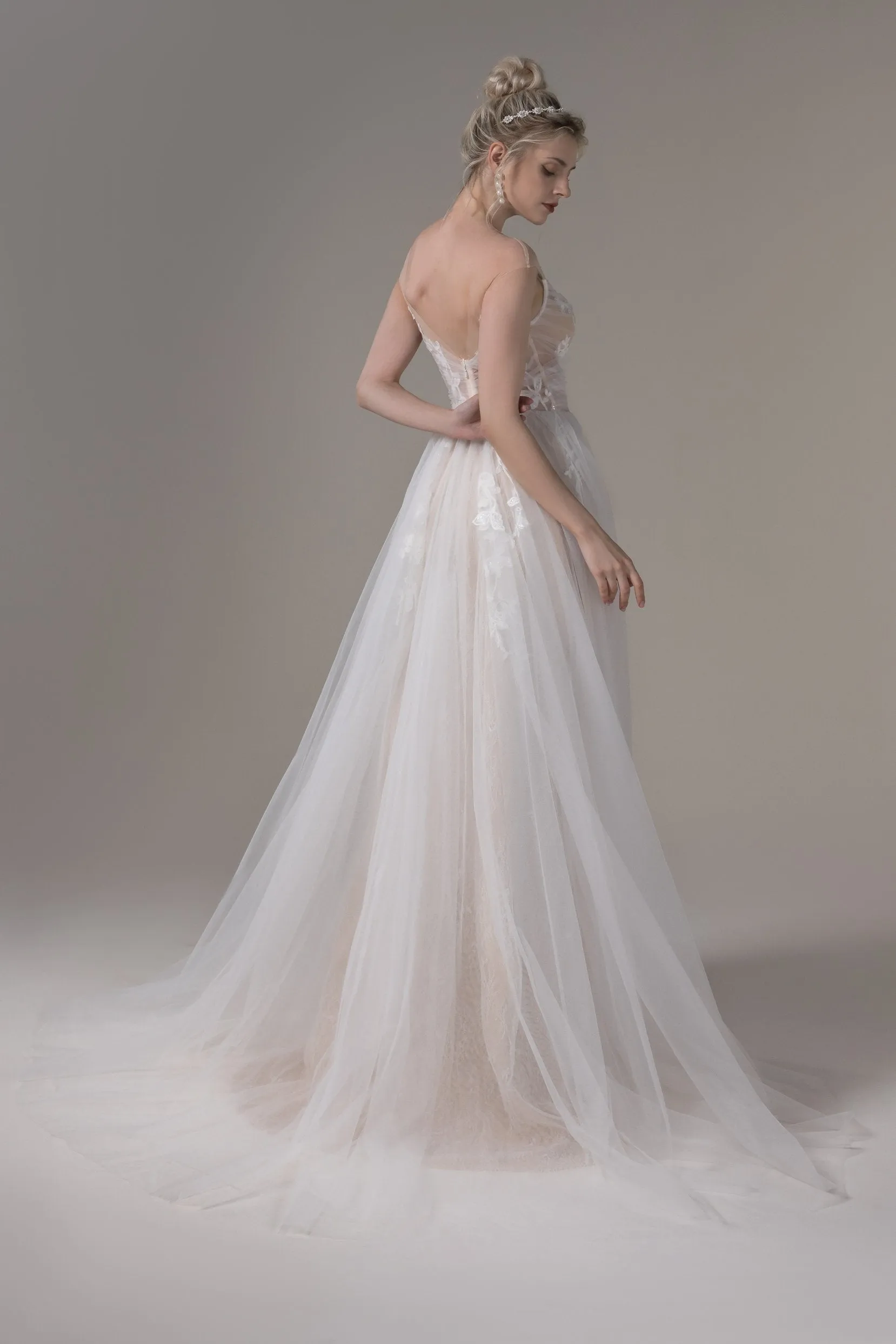 A-Line Sweep-Brush Train Lace Tulle Wedding Dress CW2653 sold by Cocomelody product image thumbnail 2