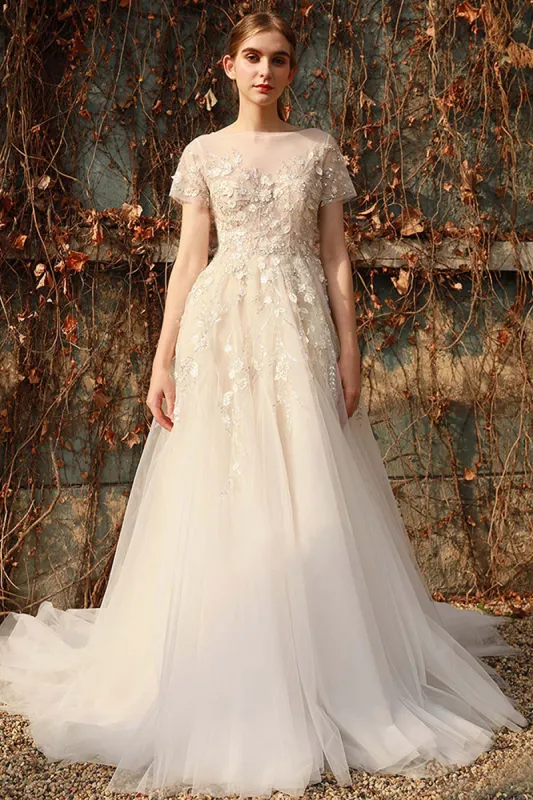 A-Line Sweep-Brush Train Lace Tulle Wedding Dress CW3026 made by Cocomelody