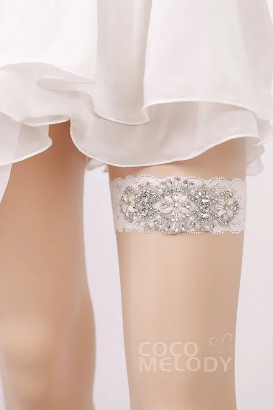 Lace Wedding Garter with Diamond and Pearls WD17011 sold by Cocomelody