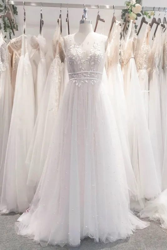 A-Line Sweep-Brush Train Lace Tulle Wedding Dress CW3102 sold by Cocomelody