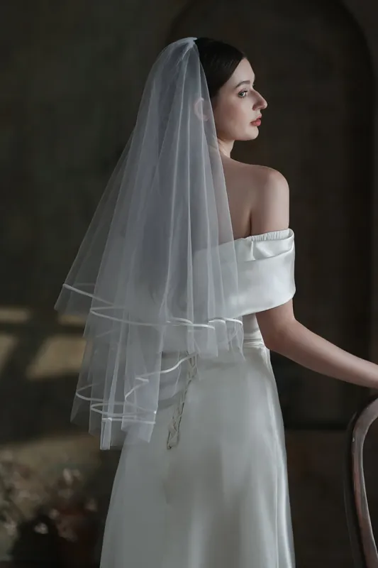 Two-tier Satin Edge Tulle Waist Veils with Ribbons CV0313 sold by Cocomelody