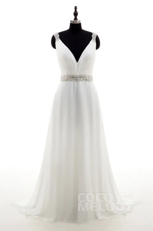 Sheath-Column Sweep-Brush Train Chiffon Wedding Dress LD4048 sold by Cocomelody