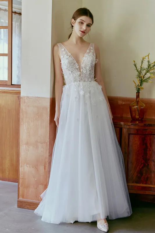 A-Line Sweep-Brush Train Lace Tulle Wedding Dress CW2673 sold by Cocomelody