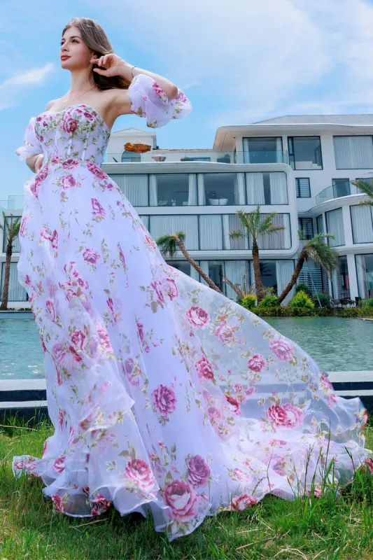 A-Line Sweep-Brush Train Figured Cloth Prom Dress CS0495 sold by Cocomelody