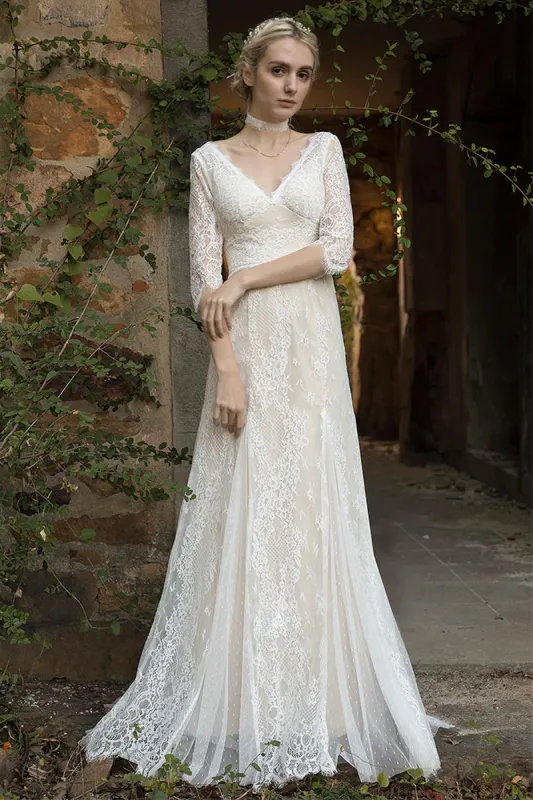 Sheath-Column Sweep-Brush Train Lace Wedding Dress CW3022 sold by Cocomelody