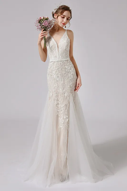Trumpet Sweep-Brush Train Lace Tulle Wedding Dress CW2719 sold by Cocomelody