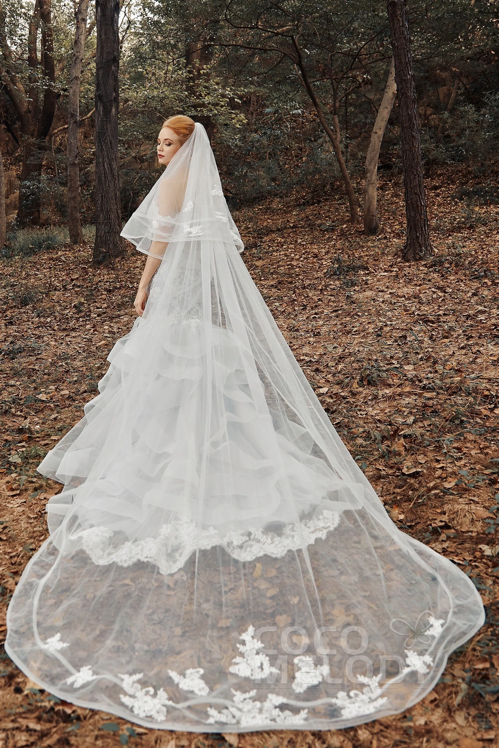 Two-tier Lace Edge Tulle Cathedral Veils Appliques CV0192 sold by Cocomelody