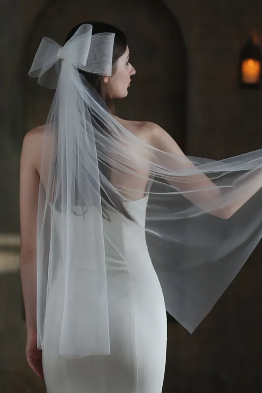 One-tier Cut Edge Tulle Hip Veils with Bow CV0309 sold by Cocomelody
