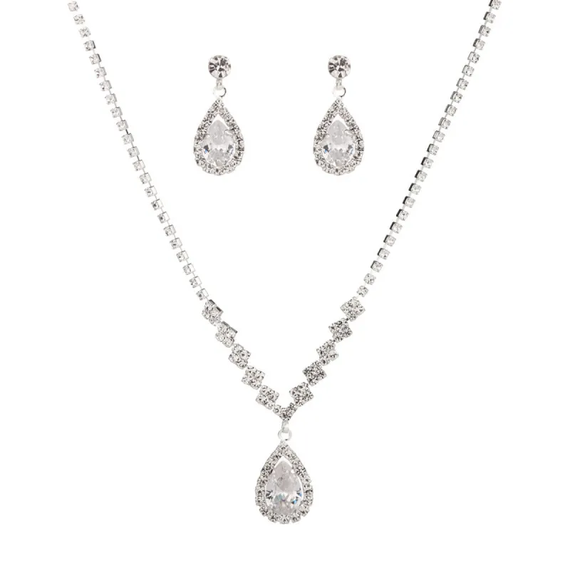 Wedding Zircon water drop pendant set chain Bridal rhinestone silver plated necklace earrings 2-piece wedding accessory set 561687881061 sold by Cocomelody