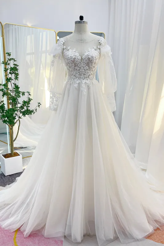 A-Line Chapel Train Lace Tulle Wedding Dress CW3240 sold by Cocomelody