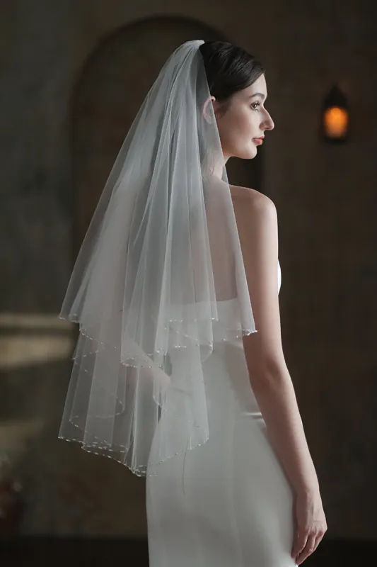 Two-tier Beaded Edge Tulle Hip Veils with Pearls CV0307 sold by Cocomelody