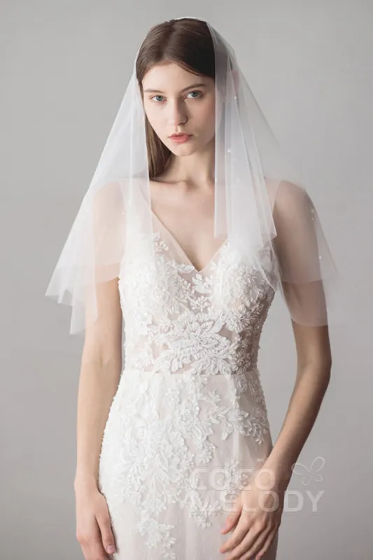 Two-tier Cut Edge Tulle Elbow Veils with Pearls AV18029 sold by Cocomelody