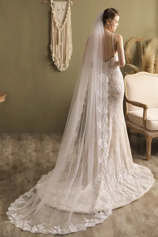One-tier Lace Edge Tulle Chapel Veils with Appliques CV0264 sold by Cocomelody