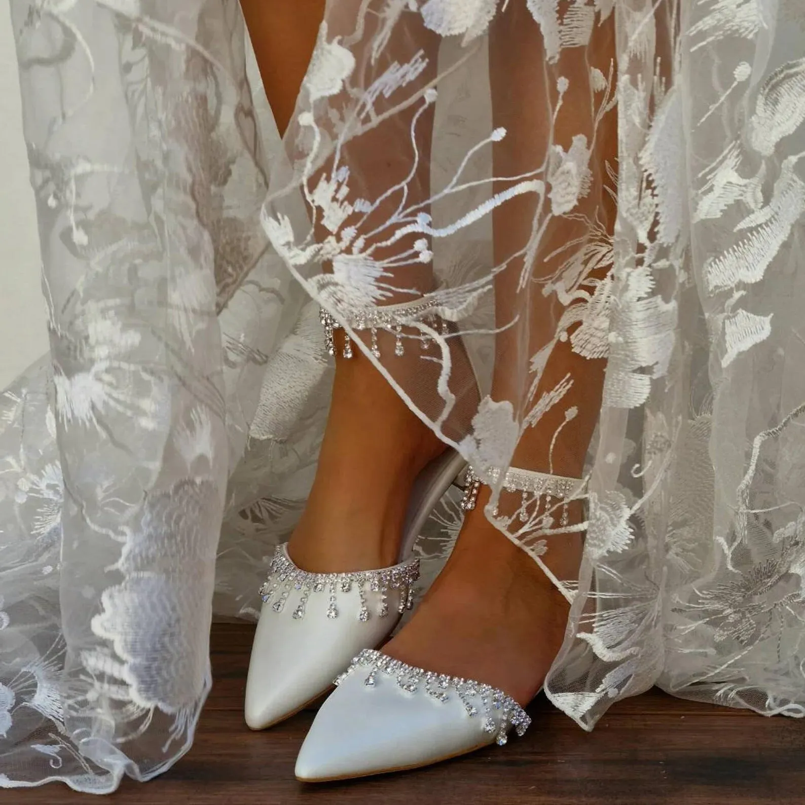 White Crystal Ankle Strap Pointy Flat Shoes 708270132734 sold by Cocomelody product image thumbnail 5