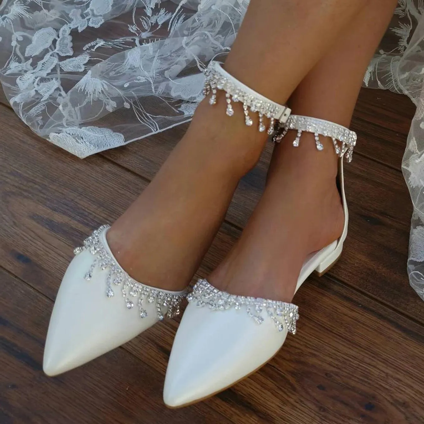 White Crystal Ankle Strap Pointy Flat Shoes 708270132734 sold by Cocomelody product image thumbnail 4