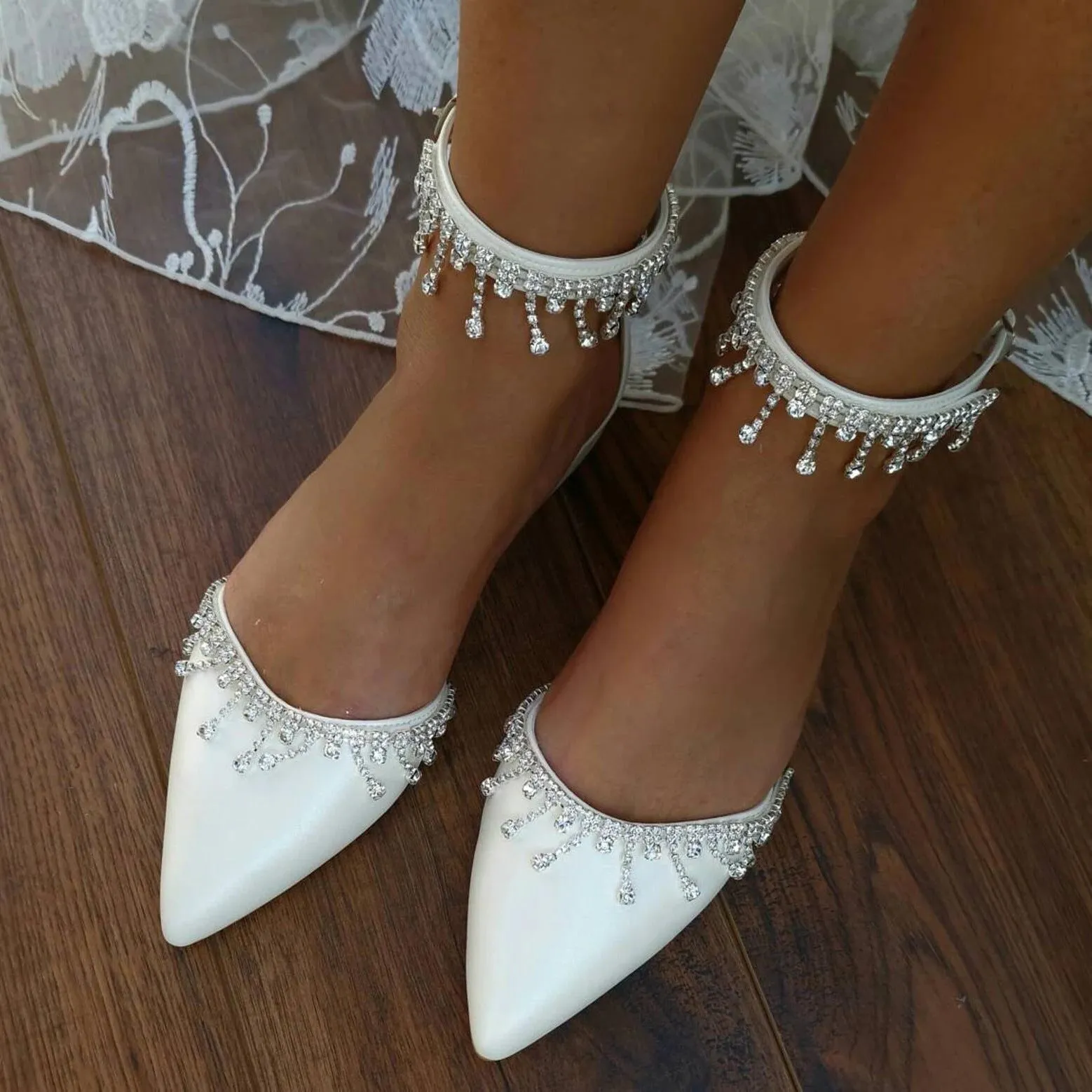 White Crystal Ankle Strap Pointy Flat Shoes 708270132734 sold by Cocomelody product image thumbnail 2